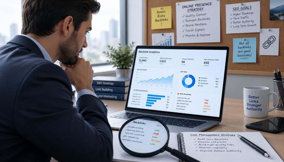 Disavow List: 9 Essential Steps for Safer Link Cleanup 3 Online SEO Blogs SEO specialist assessing risky backlinks before adding domains to a disavow list