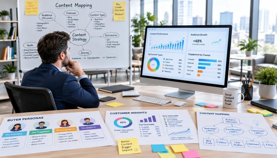 Content Mapping: 10 Powerful Steps for Better Search Intent Alignment 4 Online SEO Blogs Content strategist mapping buyer personas questions and customer journey stages