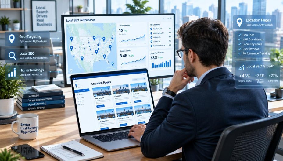 SEO professional analyzing location pages and local search performance