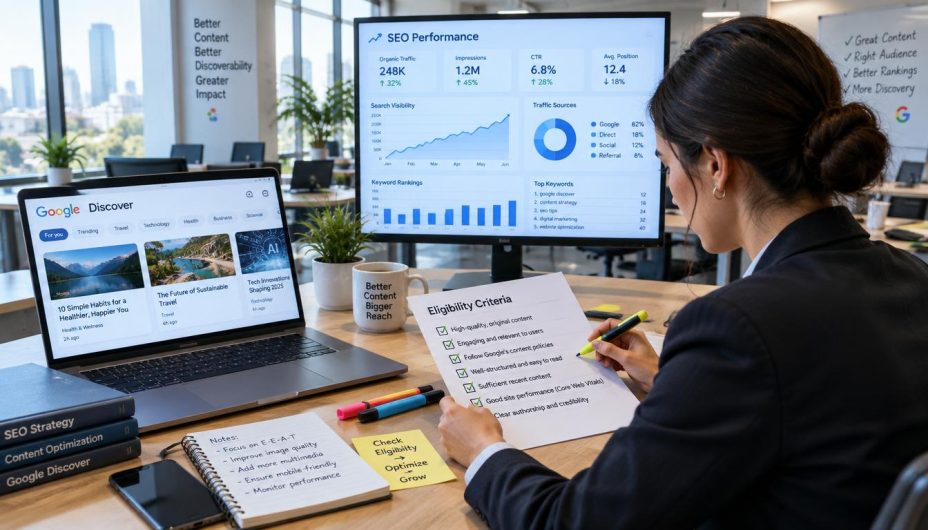 Google Discover SEO: 10 Powerful Ways to Improve Visibility 2 Online SEO Blogs SEO professional checking Google Discover eligibility and content performance