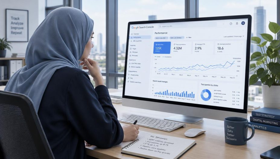 SERP Volatility: 9 Essential Steps to Analyze & Respond 2 Online SEO Blogs SEO professional reviewing search performance and SERP volatility data