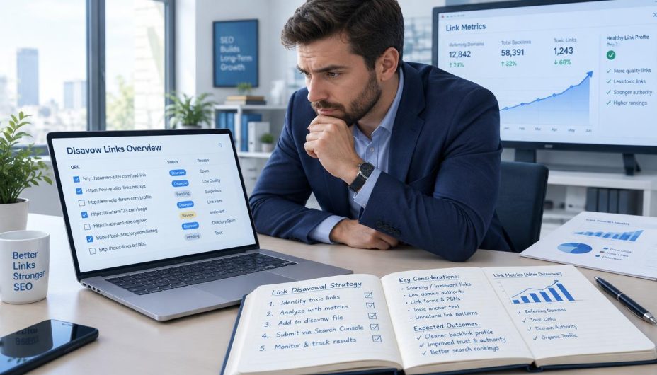 Disavow List: 9 Essential Steps for Safer Link Cleanup 2 Online SEO Blogs SEO professional reviewing a Google disavow list and suspicious backlinks